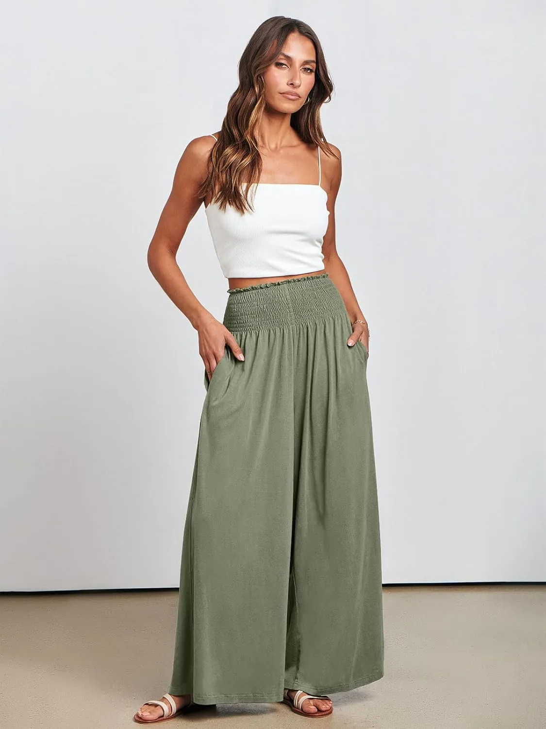 ANRABESS Women Palazzo Pants Summer Boho Bagyy Wide Leg High Smocked Waist Casual Loose Lounge Pant with Pocket