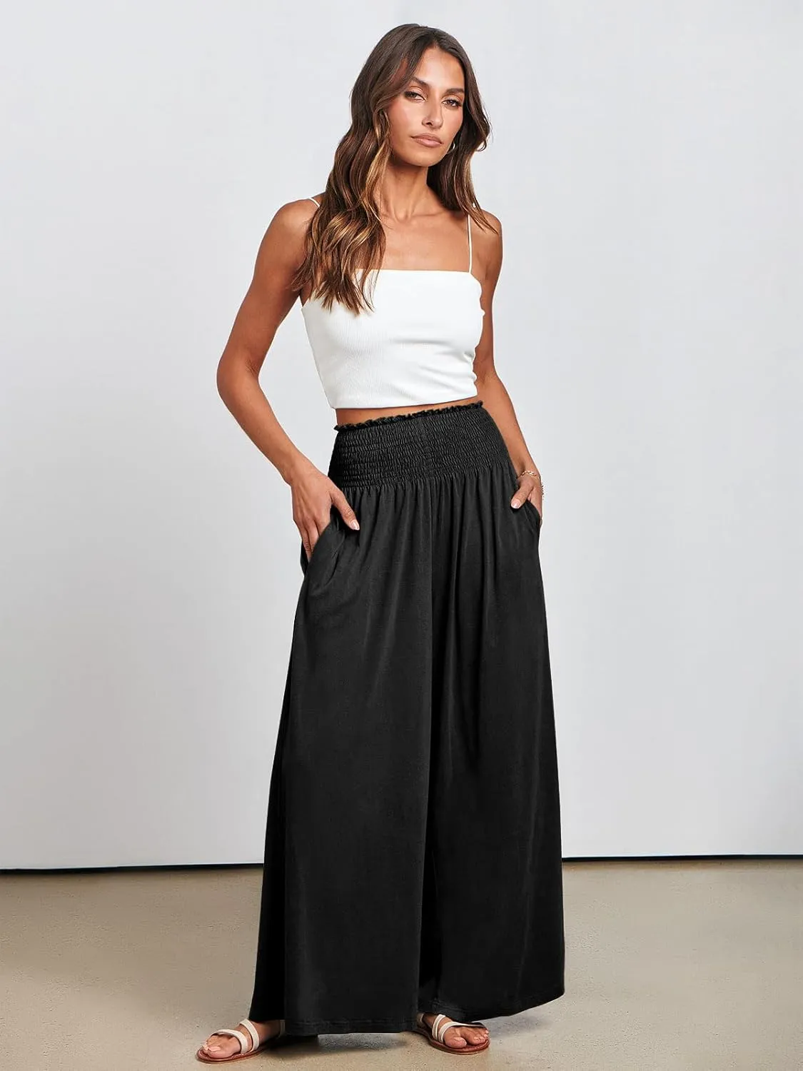 ANRABESS Women Palazzo Pants Summer Boho Bagyy Wide Leg High Smocked Waist Casual Loose Lounge Pant with Pocket