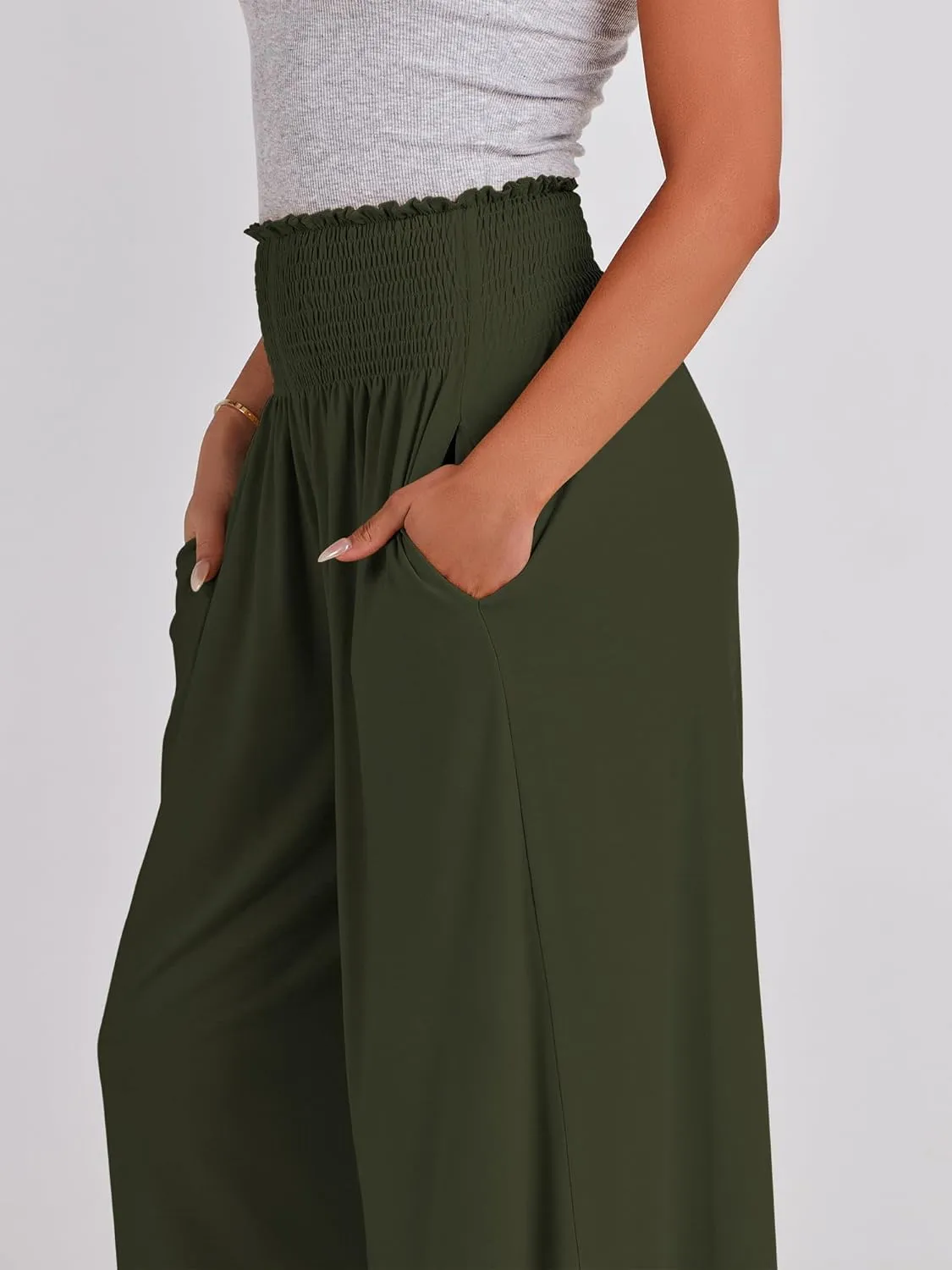 ANRABESS Women Palazzo Pants Summer Boho Bagyy Wide Leg High Smocked Waist Casual Loose Lounge Pant with Pocket