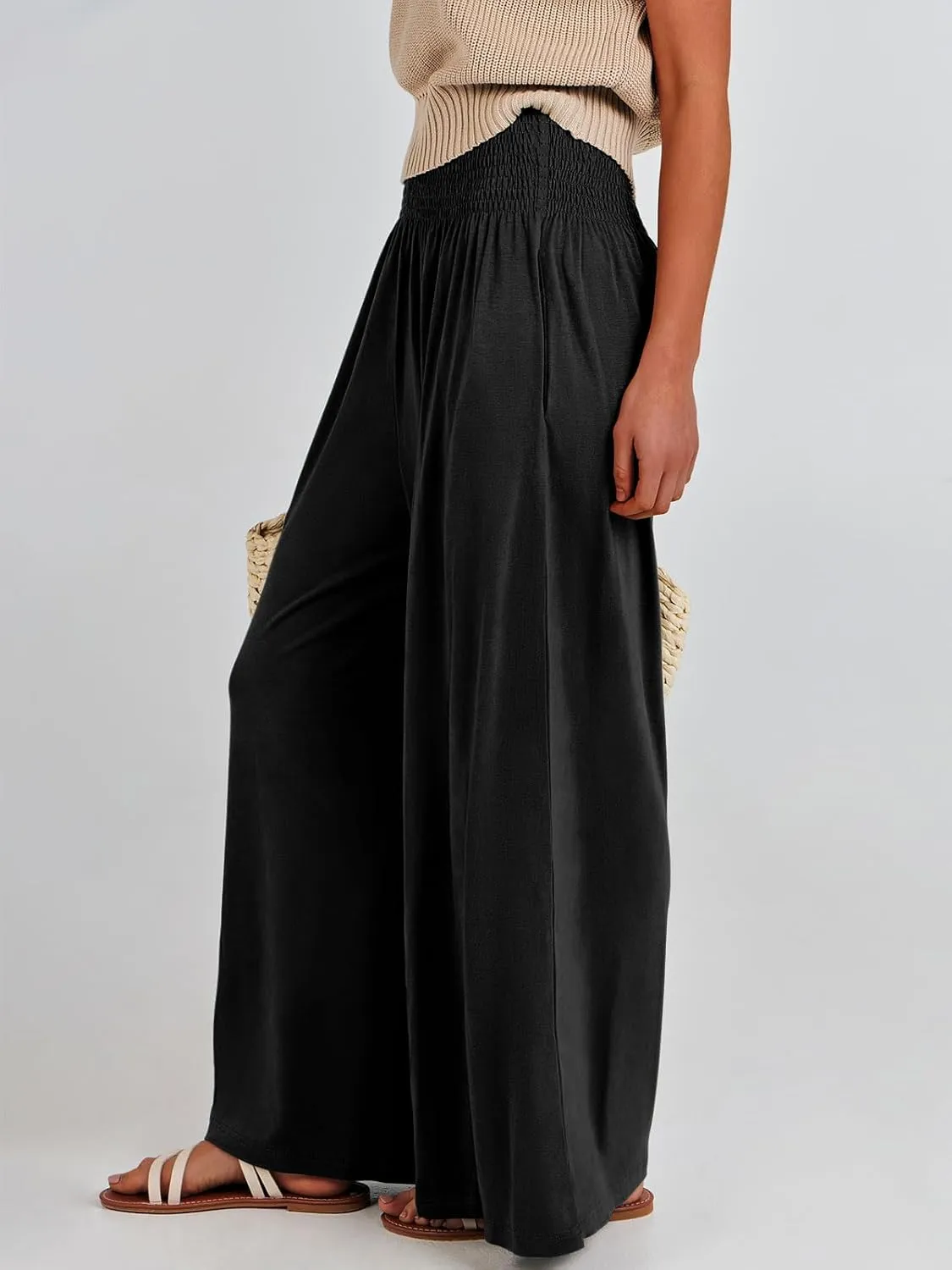 ANRABESS Women Palazzo Pants Summer Boho Bagyy Wide Leg High Smocked Waist Casual Loose Lounge Pant with Pocket