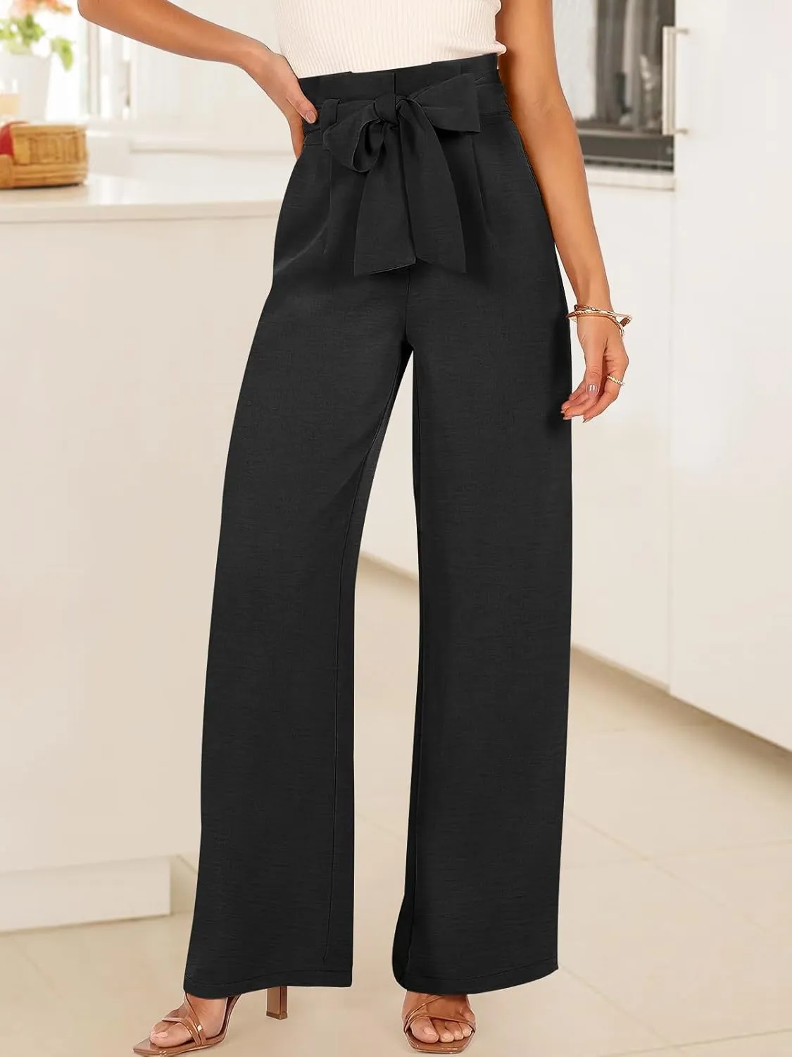 ANRABESS Womens Wide Leg Palazzo Pants Belted High Waisted Business Casual Flowy Long Trousers with Pockets