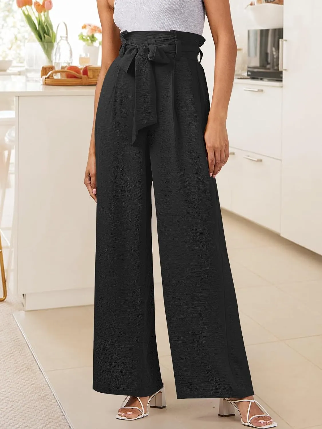 ANRABESS Womens Wide Leg Palazzo Pants Belted High Waisted Business Casual Flowy Long Trousers with Pockets