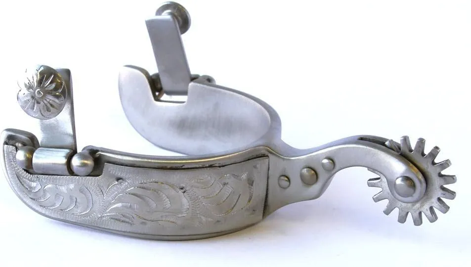 Colorado Saddlery Saratoga Special Engraved Spurs for Men - Brushed Steel, Stylish Boot Spurs with 1-1/4" Eighteen Point Rowels - Perfect for Trail Riding, Horse Tack, Outfitting - Comes in a Pair