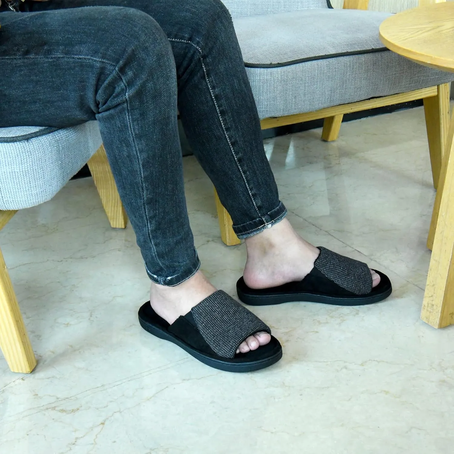 Cozy Men's Open Toe House Slippers Memory Foam,Comfy Slip On Indoor Slippers for Men Breathable, Non-Slip Soft Bedroom Home Slippers Lightweight