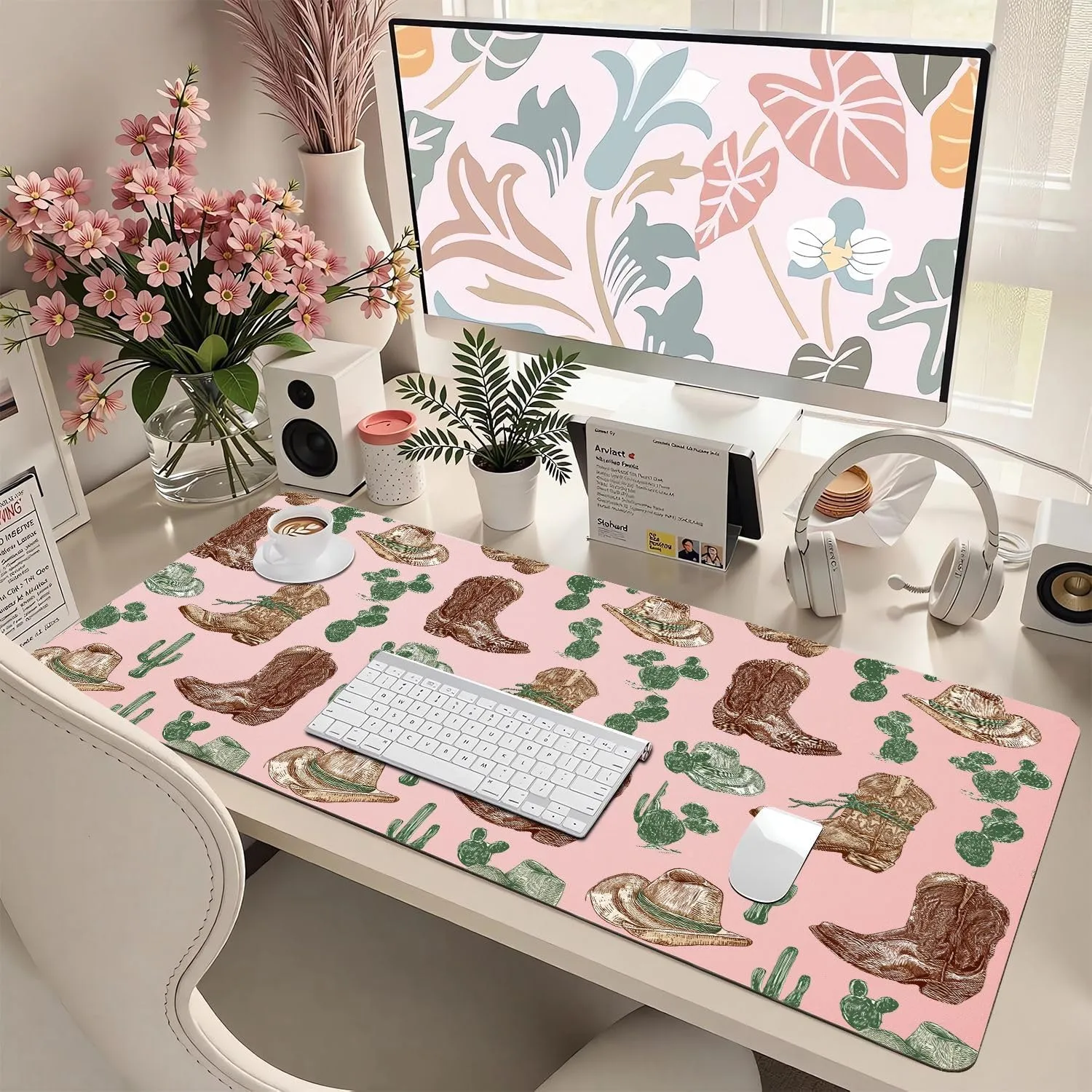 Cute Cool Pattern Large Desk pad 31.5''X15.7''Pretty Cowgirl Boot Desktop Pad Pu Leather Mats Fashion Soft Waterproof Non-Slip Table pad for Girls Women Office Home Work Computer Game