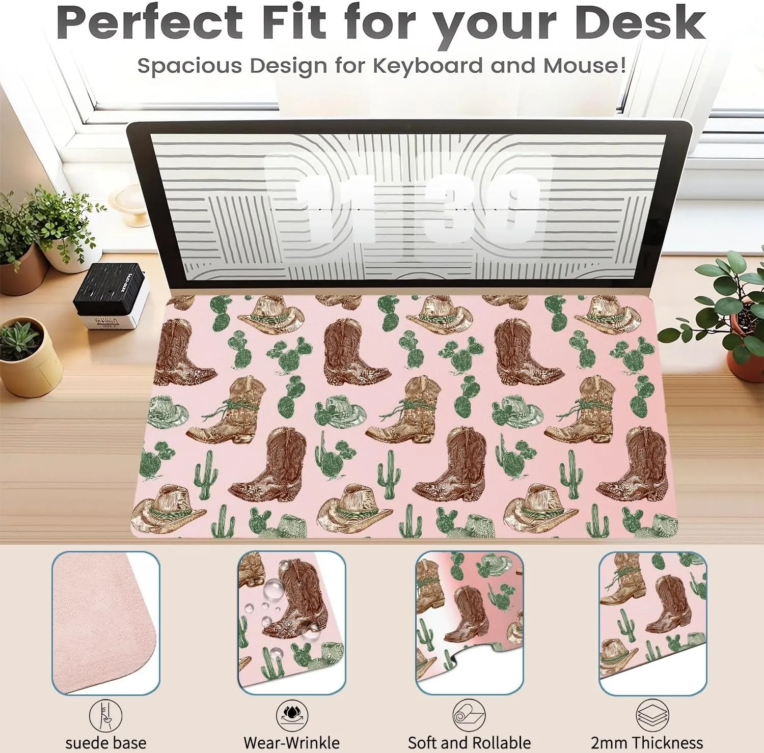 Cute Cool Pattern Large Desk pad 31.5''X15.7''Pretty Cowgirl Boot Desktop Pad Pu Leather Mats Fashion Soft Waterproof Non-Slip Table pad for Girls Women Office Home Work Computer Game
