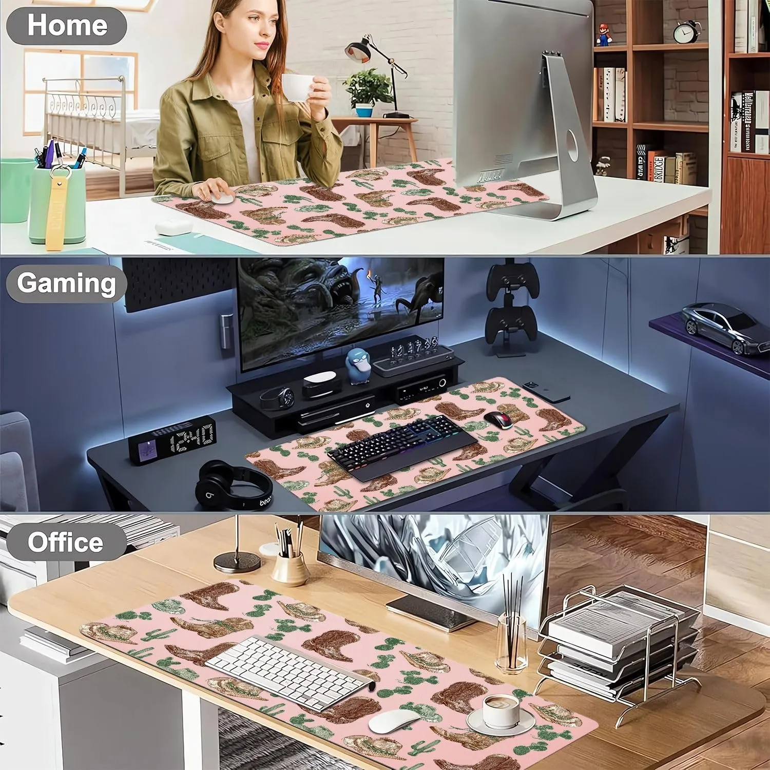 Cute Cool Pattern Large Desk pad 31.5''X15.7''Pretty Cowgirl Boot Desktop Pad Pu Leather Mats Fashion Soft Waterproof Non-Slip Table pad for Girls Women Office Home Work Computer Game