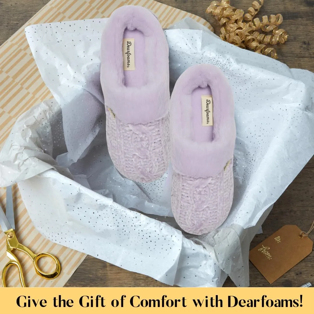 Dearfoams Women's Fuzzy Memory Foam Cable Knit Claire Clog House Slipper with Wide Widths
