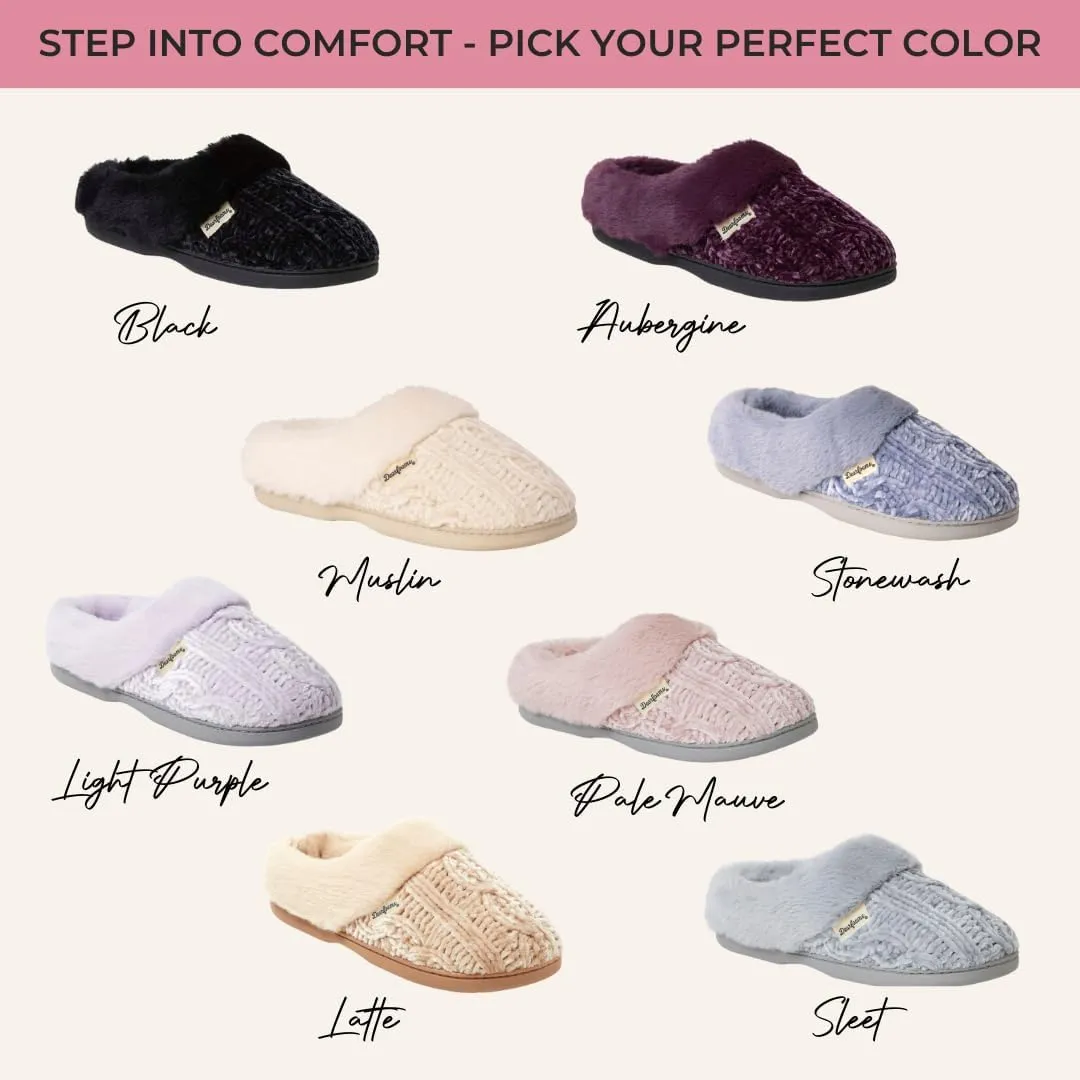 Dearfoams Women's Fuzzy Memory Foam Cable Knit Claire Clog House Slipper with Wide Widths