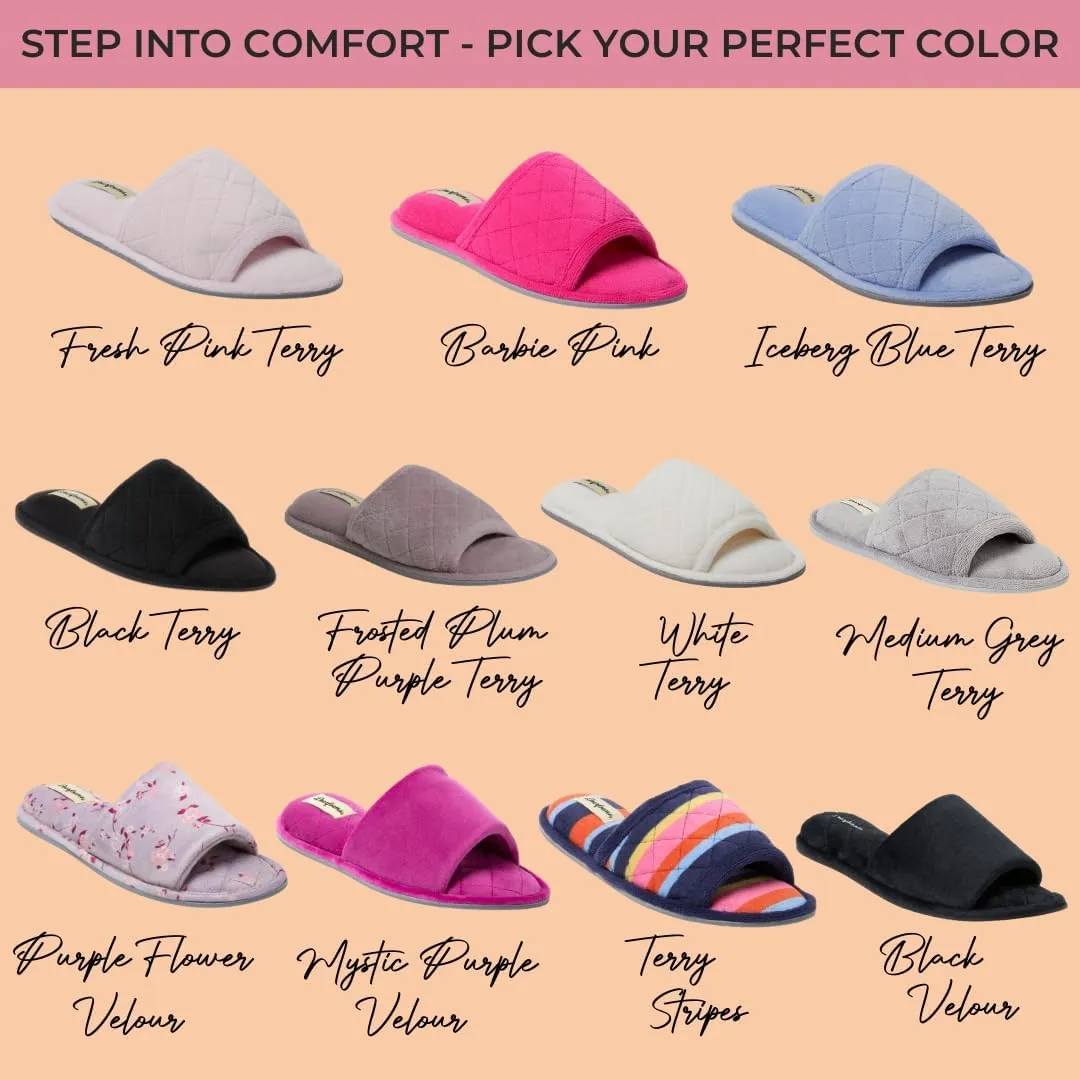 Dearfoams Women's Indoor Fuzzy Memory Foam Cloud Slip On Beatrice House Slide Slipper