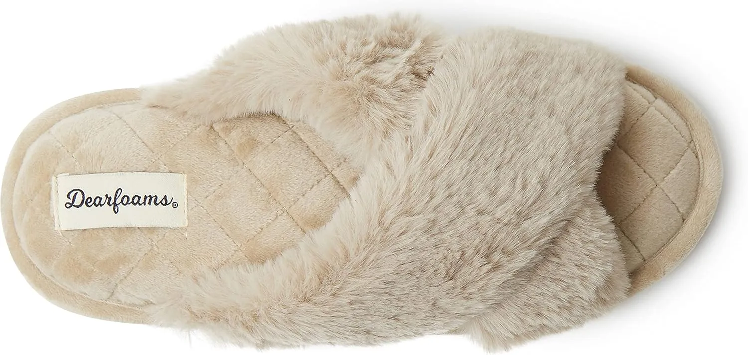 Dearfoams Women's Jessica Furry Cross Band Slide Slipper