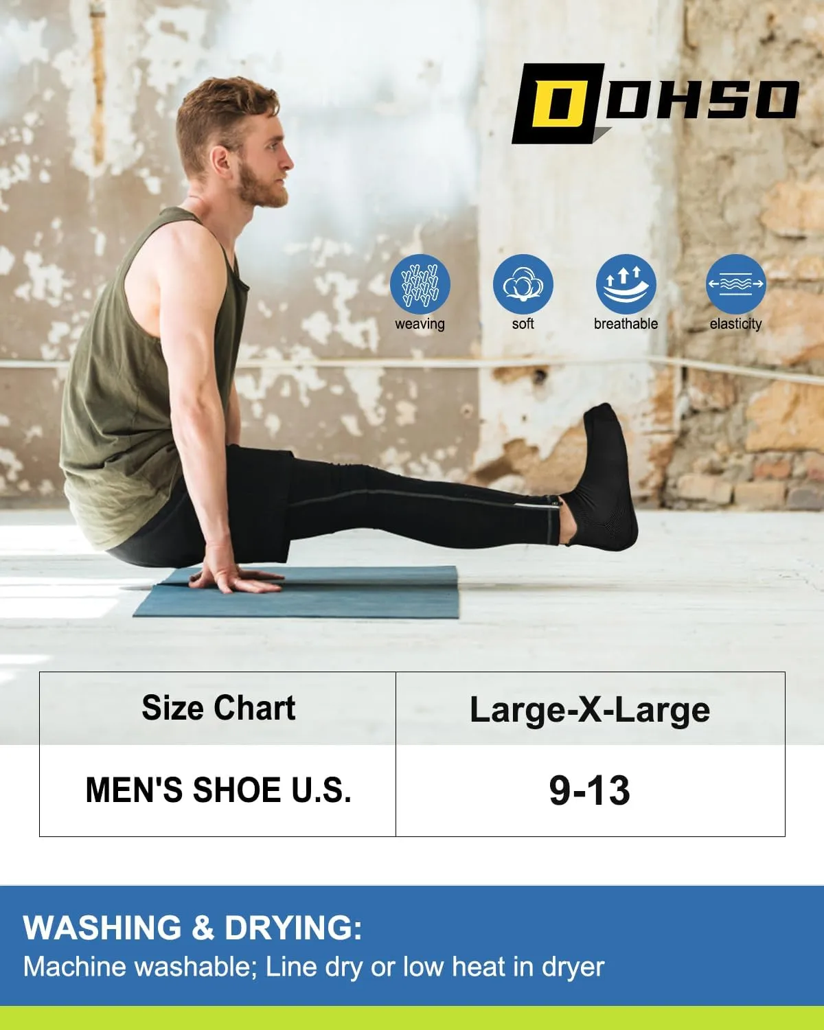 DHSO Men's Non Slip Grip Socks for Yoga, Pilates, Hospital - Low Cut Cushioned Barefoot Workout Anti Skid Athletic Socks