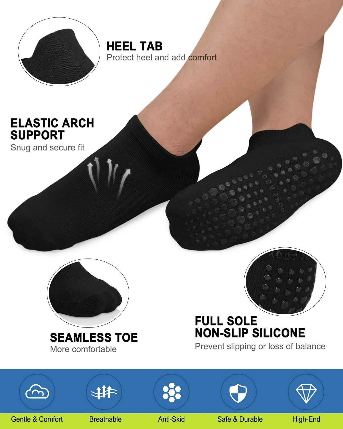DHSO Men's Non Slip Grip Socks for Yoga, Pilates, Hospital - Low Cut Cushioned Barefoot Workout Anti Skid Athletic Socks