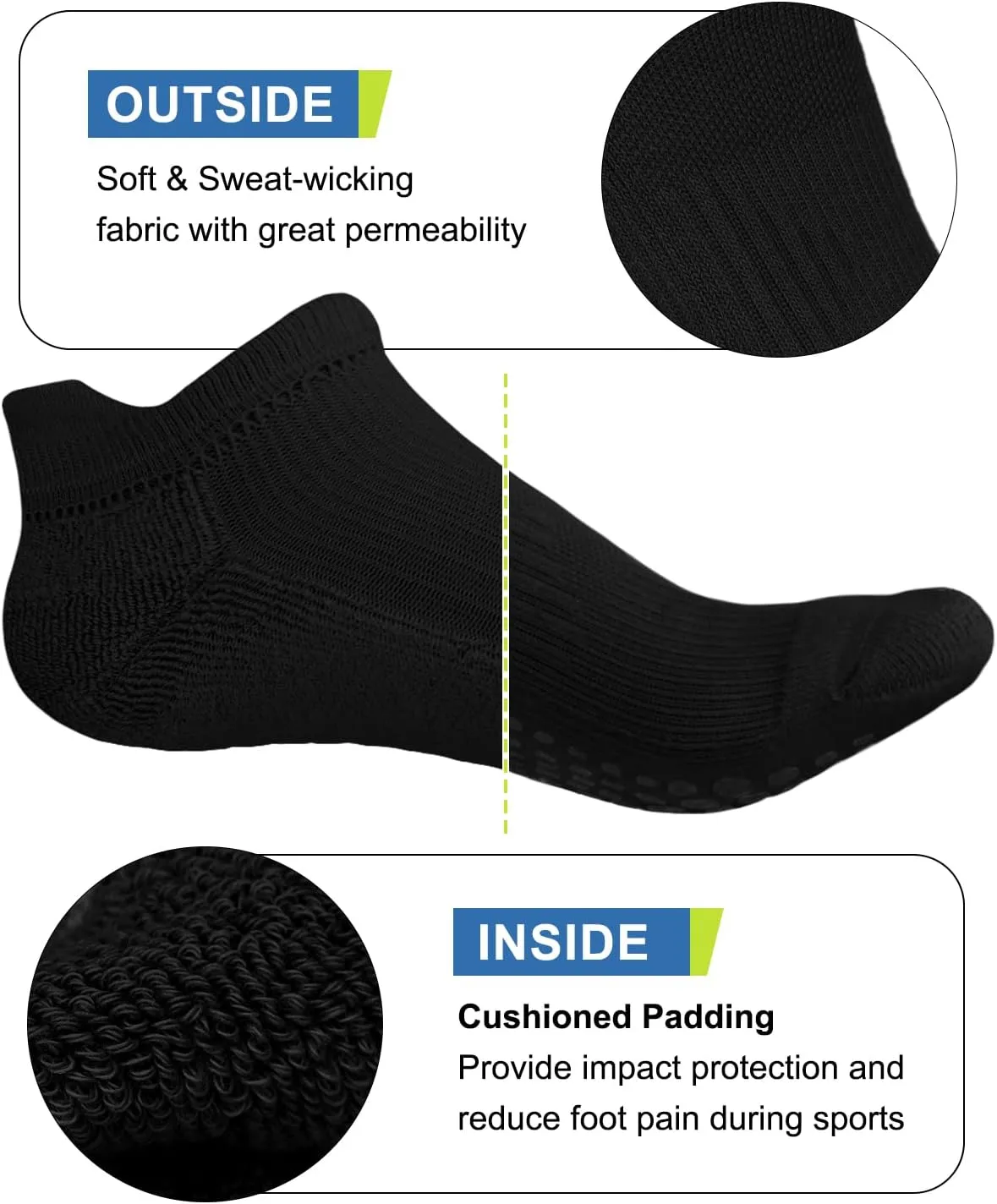 DHSO Men's Non Slip Grip Socks for Yoga, Pilates, Hospital - Low Cut Cushioned Barefoot Workout Anti Skid Athletic Socks