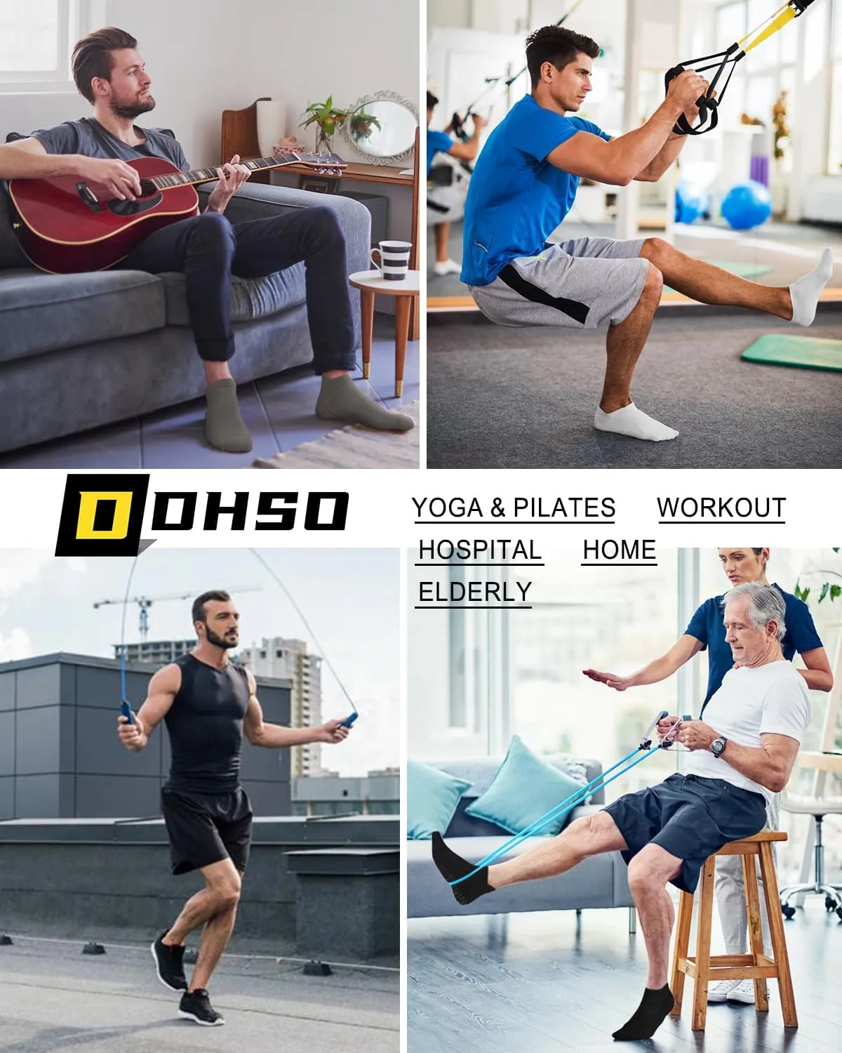 DHSO Men's Non Slip Grip Socks for Yoga, Pilates, Hospital - Low Cut Cushioned Barefoot Workout Anti Skid Athletic Socks