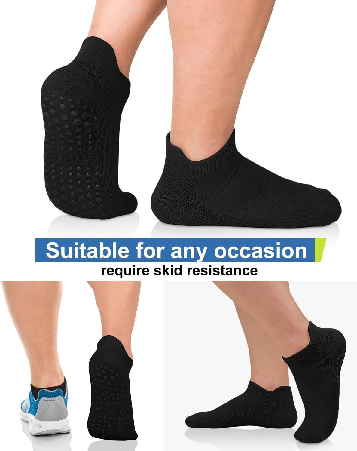 DHSO Men's Non Slip Grip Socks for Yoga, Pilates, Hospital - Low Cut Cushioned Barefoot Workout Anti Skid Athletic Socks