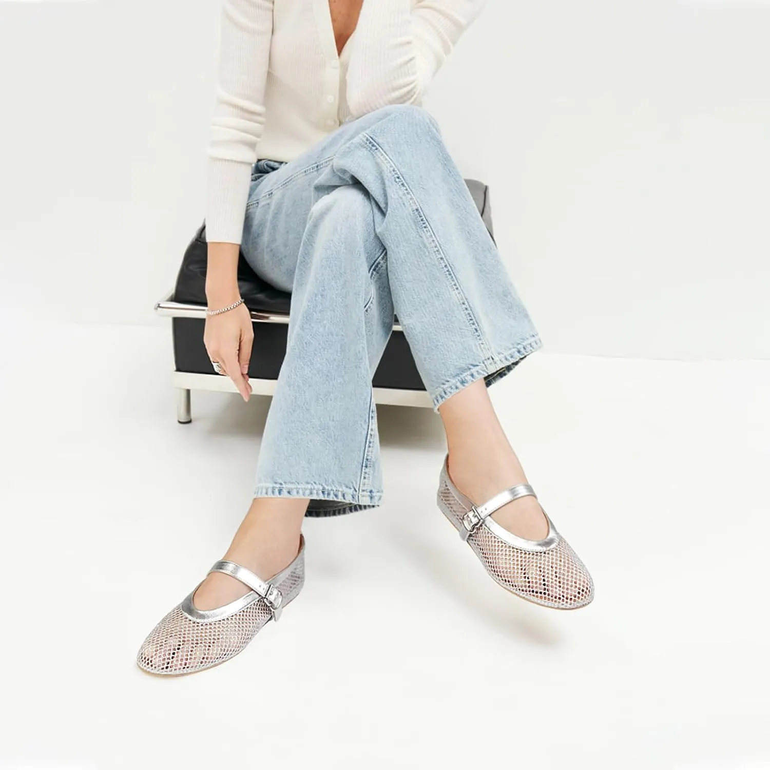 DOEYG Mesh Ballet Flats for Women Buckle Strap Comfy Casual Office Fishnet Ballerina Flat Shoes
