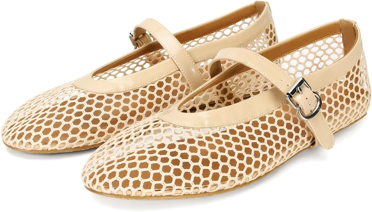 DOEYG Mesh Ballet Flats for Women Buckle Strap Comfy Casual Office Fishnet Ballerina Flat Shoes