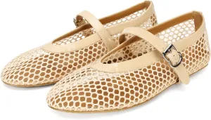 DOEYG Mesh Ballet Flats for Women Buckle Strap Comfy Casual Office Fishnet Ballerina Flat Shoes