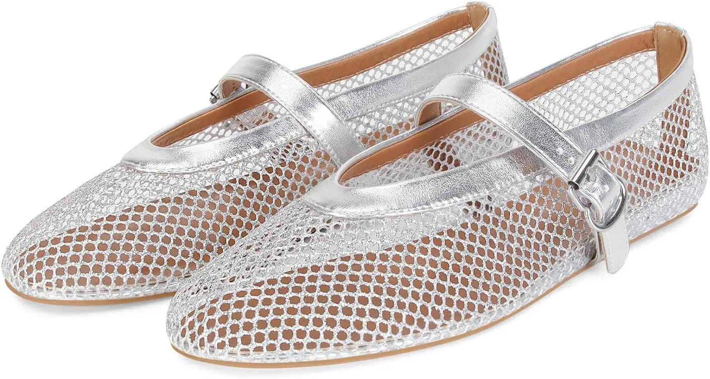 DOEYG Mesh Ballet Flats for Women Buckle Strap Comfy Casual Office Fishnet Ballerina Flat Shoes