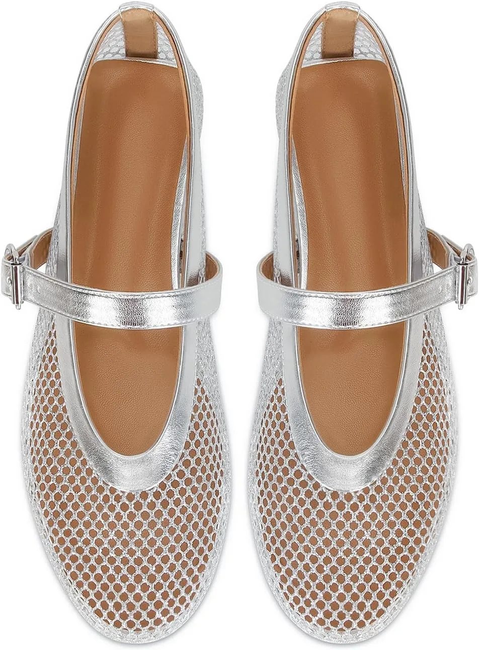 DOEYG Mesh Ballet Flats for Women Buckle Strap Comfy Casual Office Fishnet Ballerina Flat Shoes