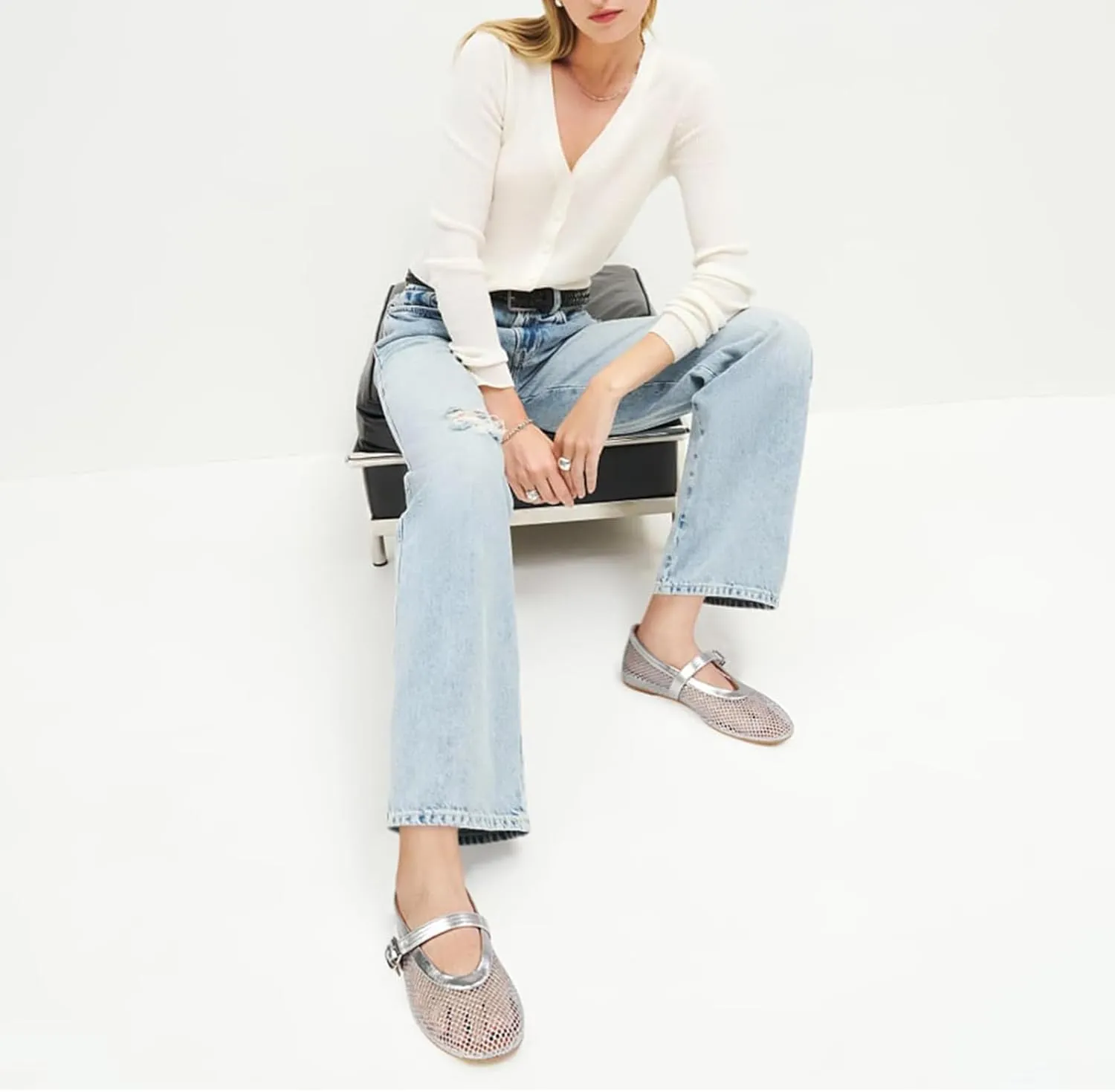 DOEYG Mesh Ballet Flats for Women Buckle Strap Comfy Casual Office Fishnet Ballerina Flat Shoes
