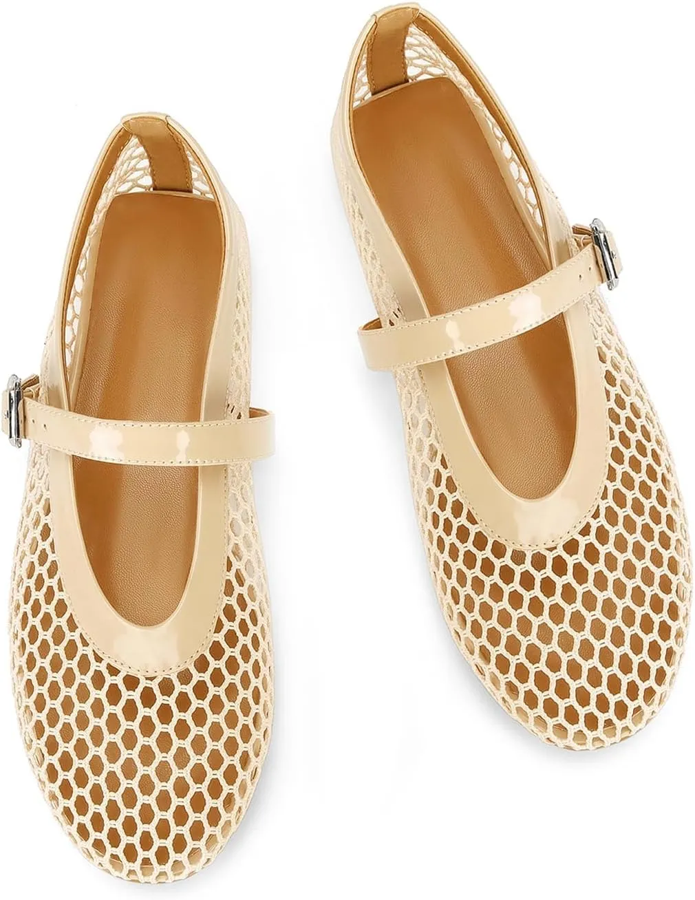 DOEYG Mesh Ballet Flats for Women Buckle Strap Comfy Casual Office Fishnet Ballerina Flat Shoes