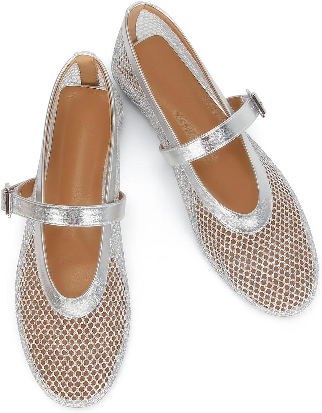 DOEYG Mesh Ballet Flats for Women Buckle Strap Comfy Casual Office Fishnet Ballerina Flat Shoes