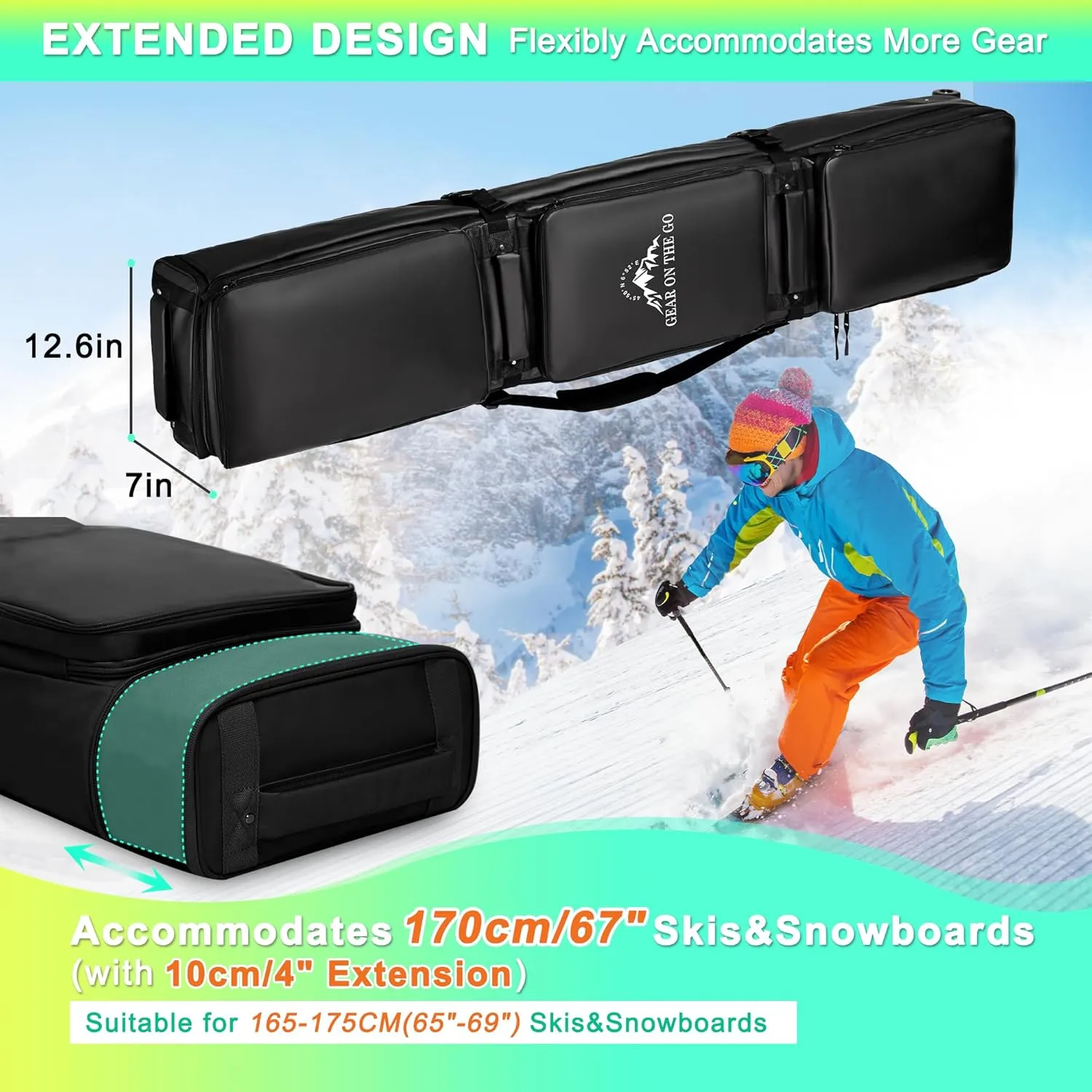 Double Rolling Ski Bag Padded Waterproof Snowboard Bag with Wheels for Air Travel Wheeled Ski Bag for Snowboard or Skis Accommodates Ski Boot