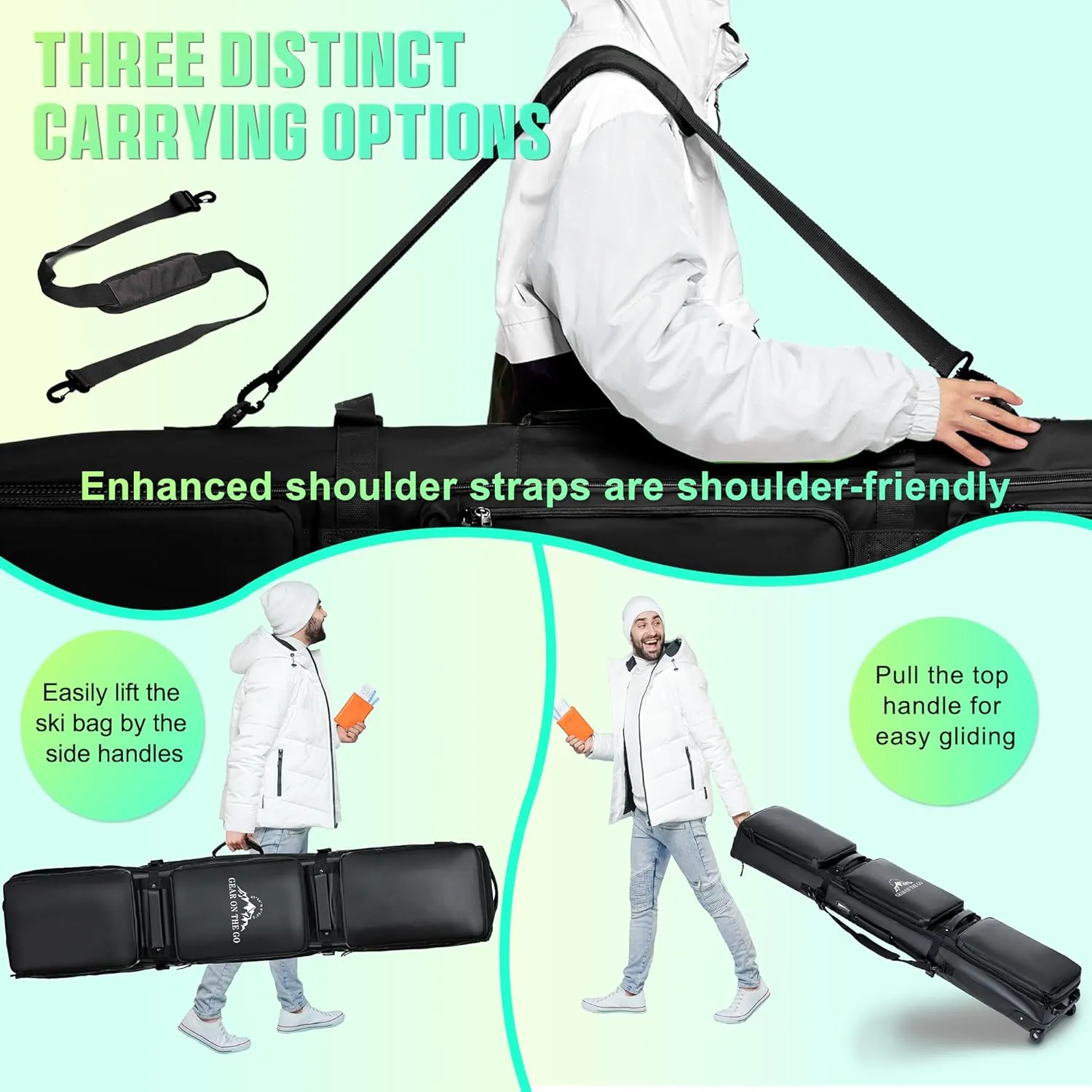 Double Rolling Ski Bag Padded Waterproof Snowboard Bag with Wheels for Air Travel Wheeled Ski Bag for Snowboard or Skis Accommodates Ski Boot