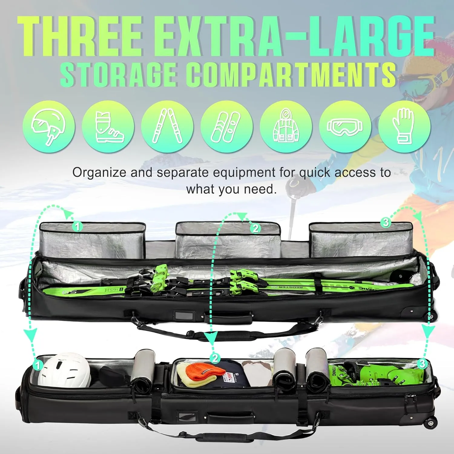 Double Rolling Ski Bag Padded Waterproof Snowboard Bag with Wheels for Air Travel Wheeled Ski Bag for Snowboard or Skis Accommodates Ski Boot