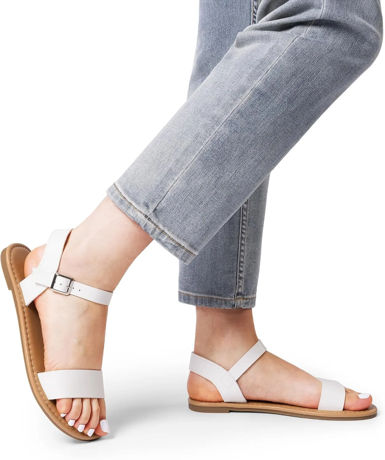 DREAM PAIRS Women's Ankle Strap Flat Sandals Open Toes One Band Buckle Summer Dressy Sandals
