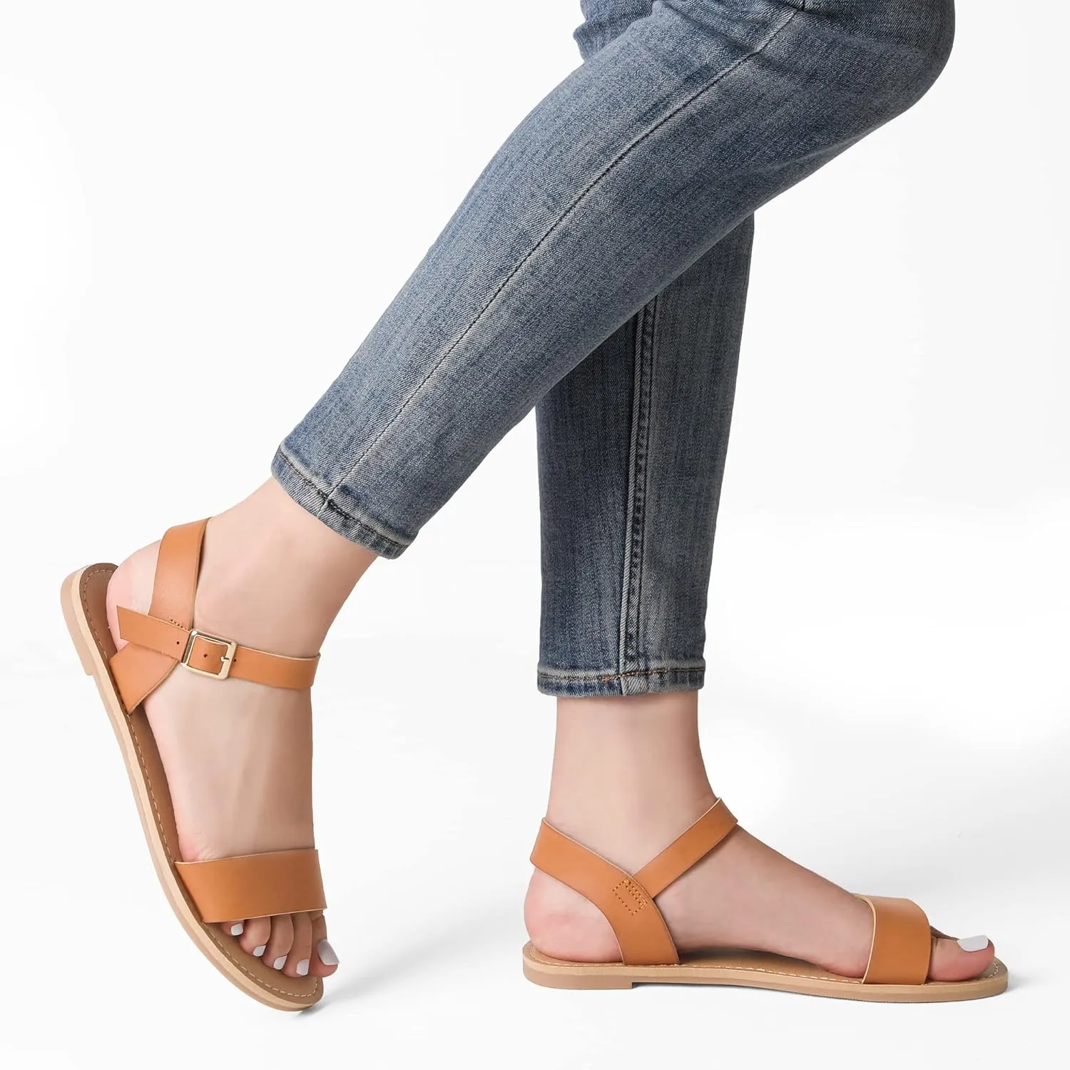 DREAM PAIRS Women's Ankle Strap Flat Sandals Open Toes One Band Buckle Summer Dressy Sandals