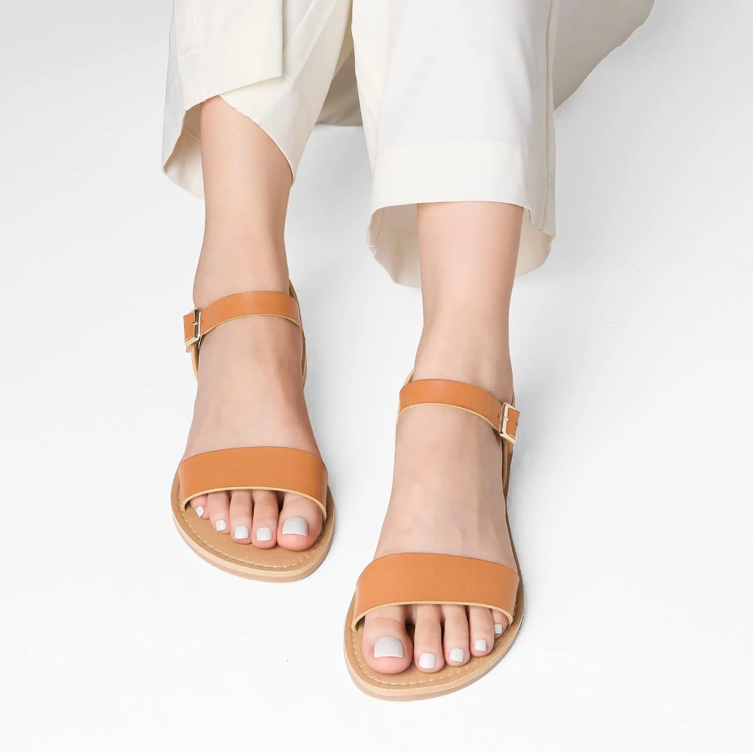 DREAM PAIRS Women's Ankle Strap Flat Sandals Open Toes One Band Buckle Summer Dressy Sandals