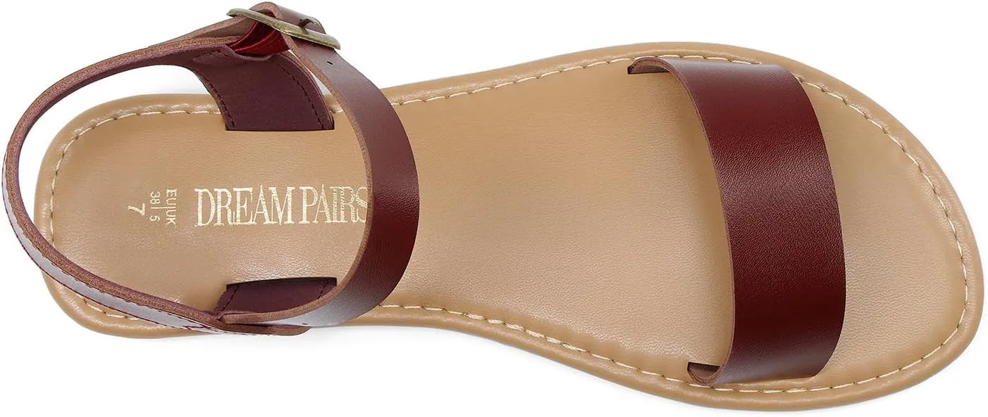 DREAM PAIRS Women's Ankle Strap Flat Sandals Open Toes One Band Buckle Summer Dressy Sandals