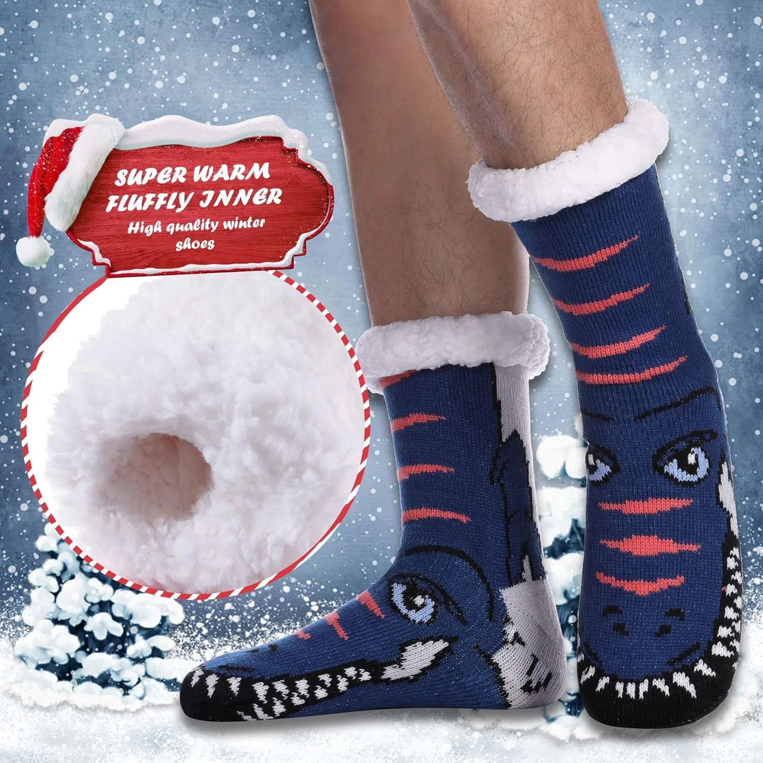 DYW Mens Slipper Socks Animal Fuzzy Non Slip Fluffy Winter Warm Soft Thick Fleece lined Thermal Home Socks