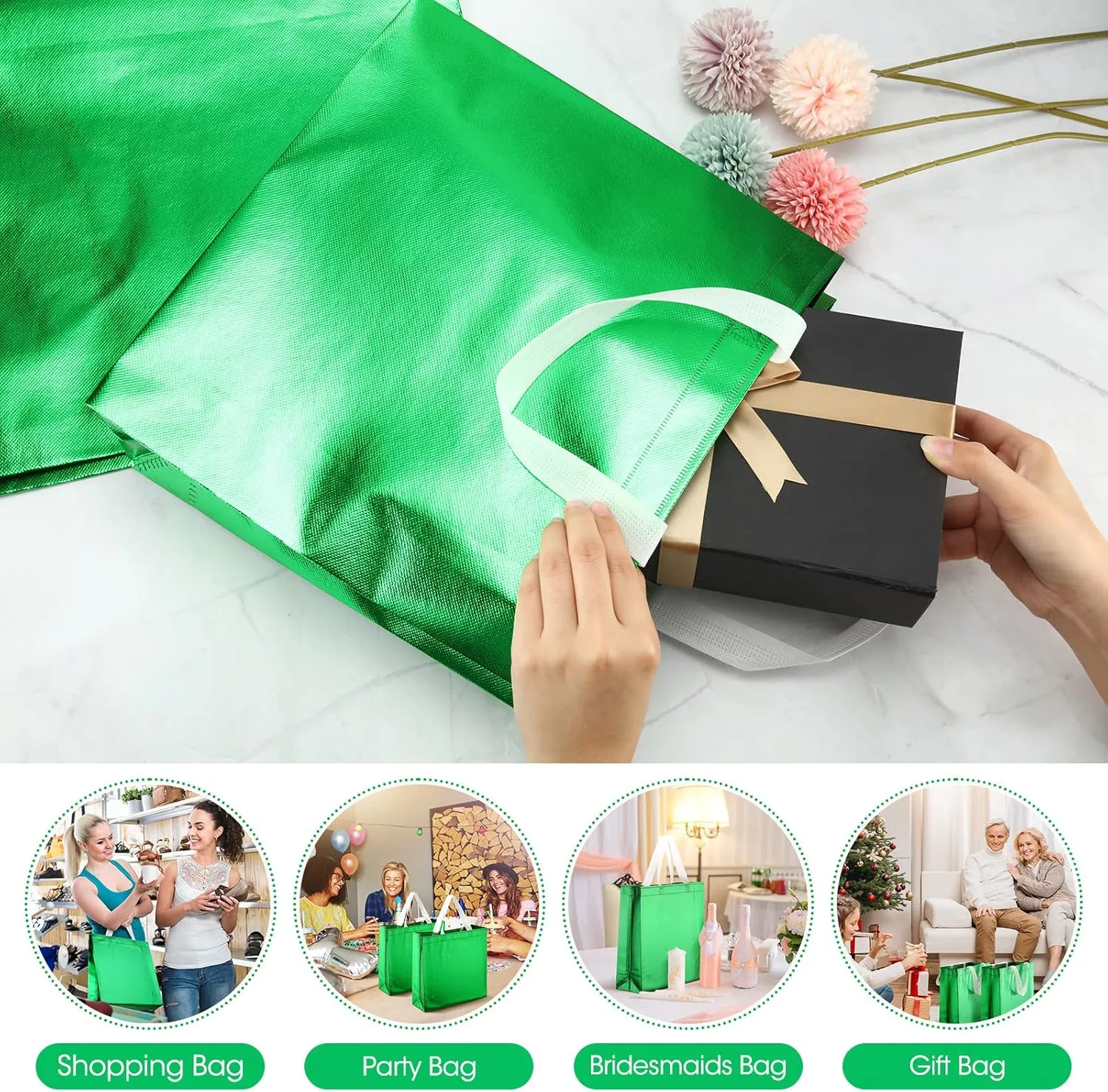 Eccliy 60 Pcs Reusable Gift Tote Bags Grocery Shopping Bag with Handles Thank You Gift Bags for Bridesmaid Wedding(Dark Green)