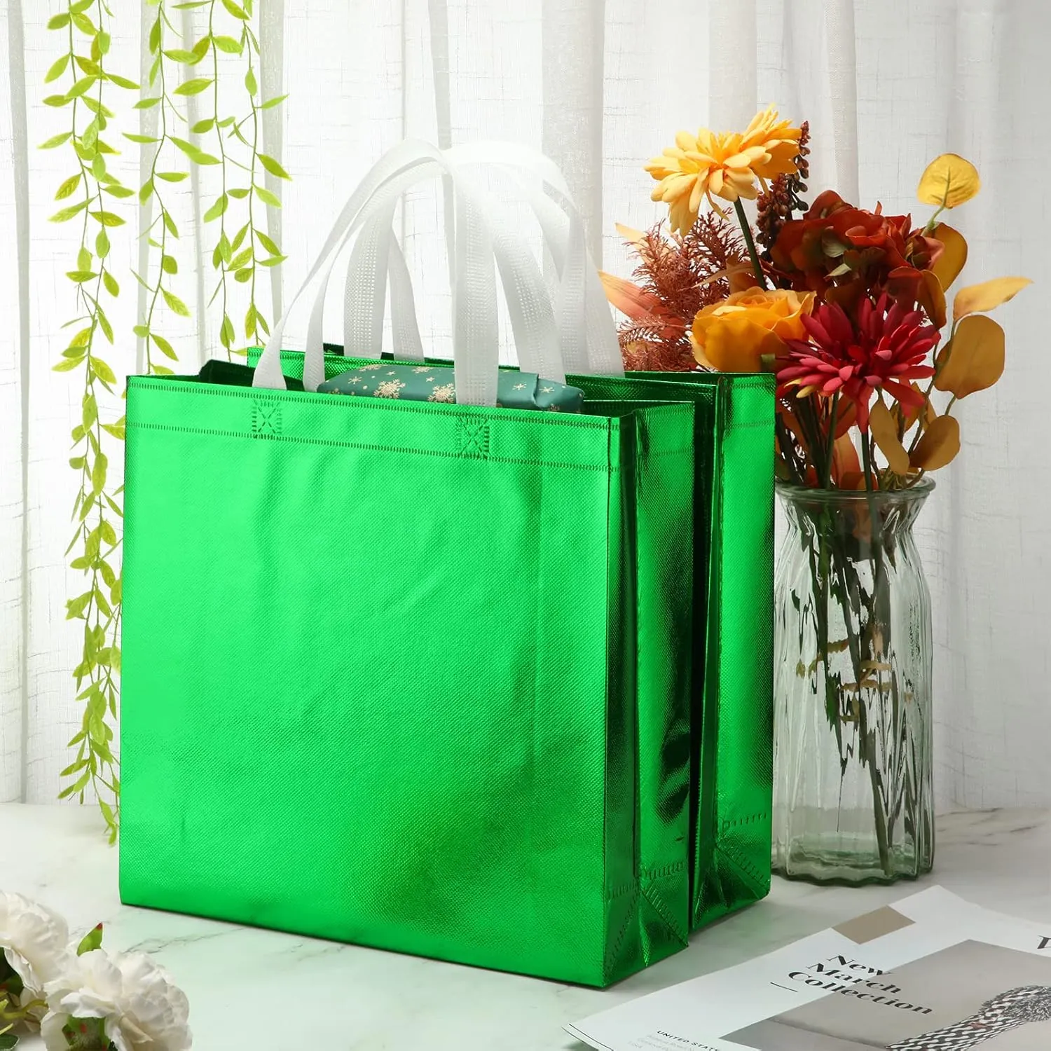 Eccliy 60 Pcs Reusable Gift Tote Bags Grocery Shopping Bag with Handles Thank You Gift Bags for Bridesmaid Wedding(Dark Green)
