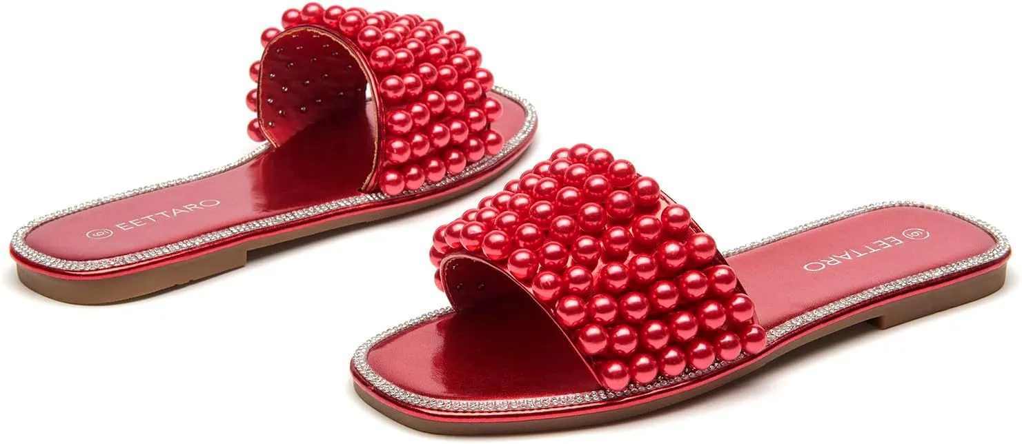 EETTARO Women's Sparkle Pearl Flat Sandals Fashion Square Open Toe Jeweled Slides Slip on Rhinestone Bling Slippers