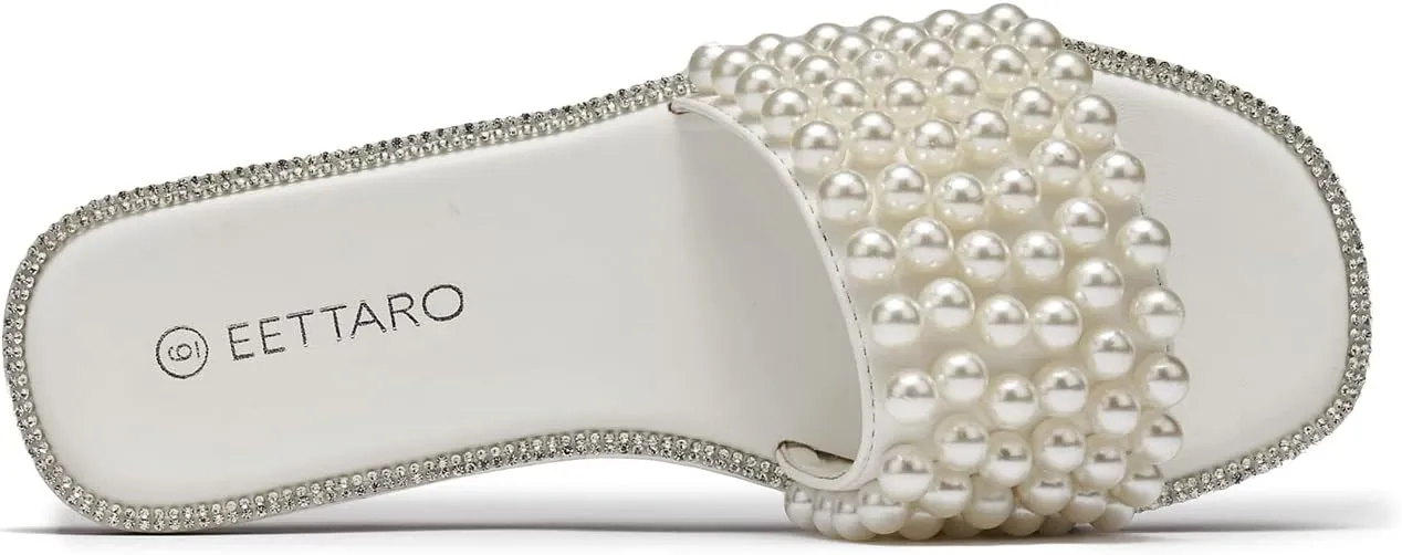 EETTARO Women's Sparkle Pearl Flat Sandals Fashion Square Open Toe Jeweled Slides Slip on Rhinestone Bling Slippers