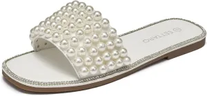 EETTARO Women's Sparkle Pearl Flat Sandals Fashion Square Open Toe Jeweled Slides Slip on Rhinestone Bling Slippers