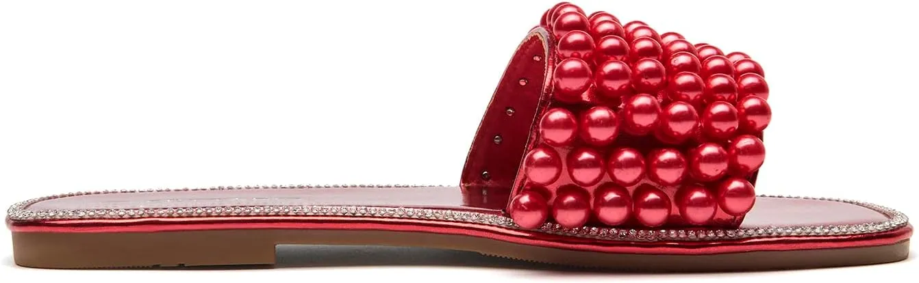 EETTARO Women's Sparkle Pearl Flat Sandals Fashion Square Open Toe Jeweled Slides Slip on Rhinestone Bling Slippers