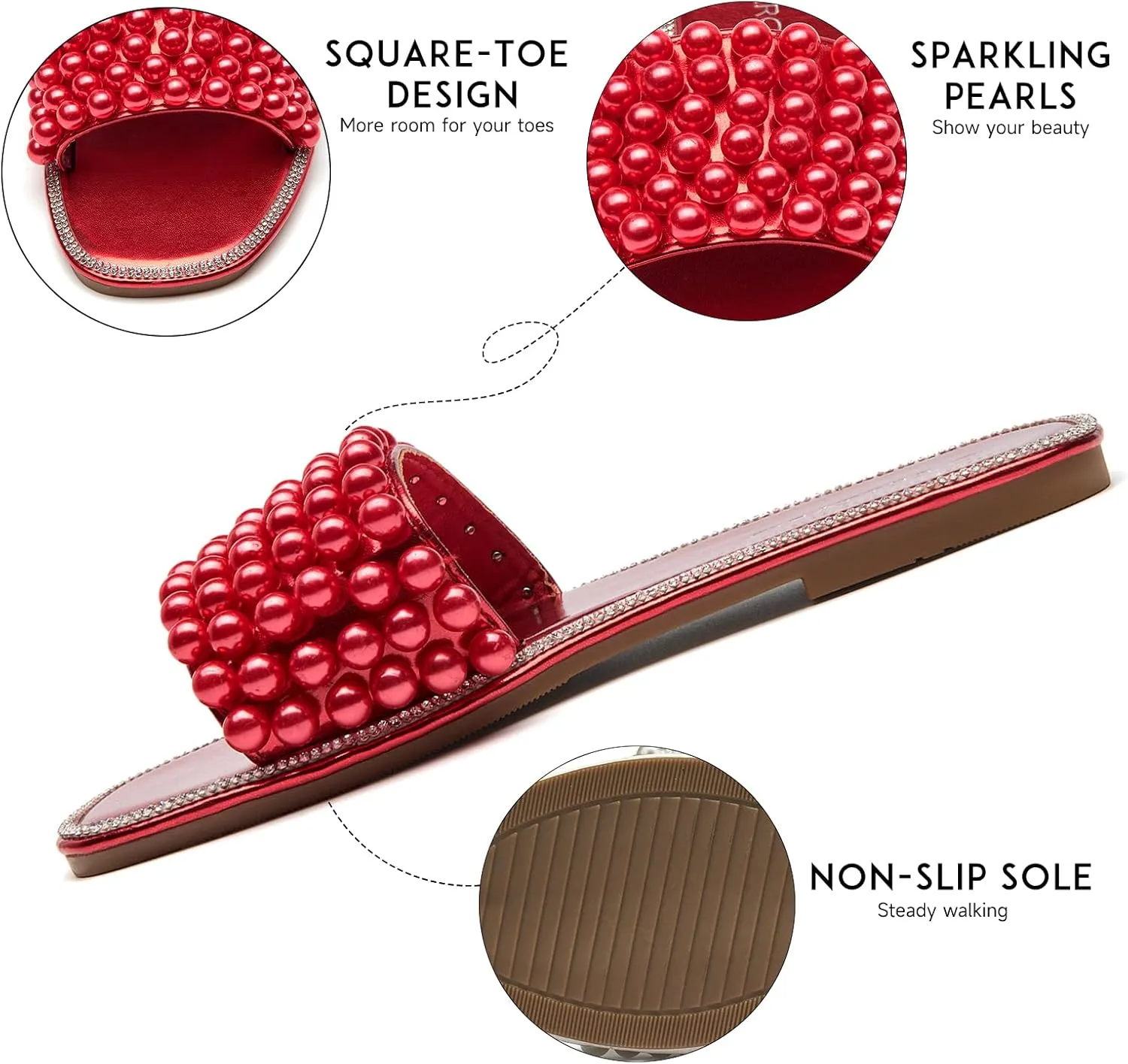 EETTARO Women's Sparkle Pearl Flat Sandals Fashion Square Open Toe Jeweled Slides Slip on Rhinestone Bling Slippers