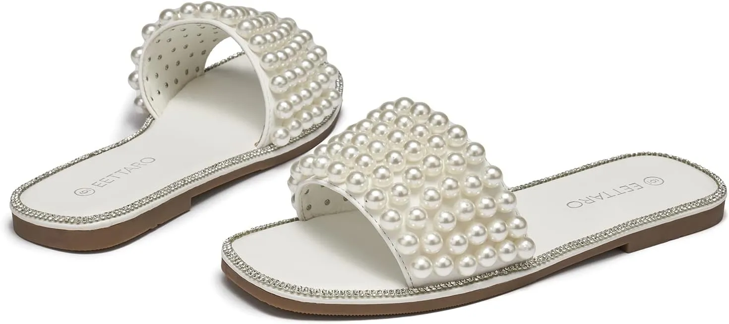 EETTARO Women's Sparkle Pearl Flat Sandals Fashion Square Open Toe Jeweled Slides Slip on Rhinestone Bling Slippers