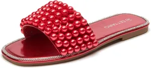 EETTARO Women's Sparkle Pearl Flat Sandals Fashion Square Open Toe Jeweled Slides Slip on Rhinestone Bling Slippers