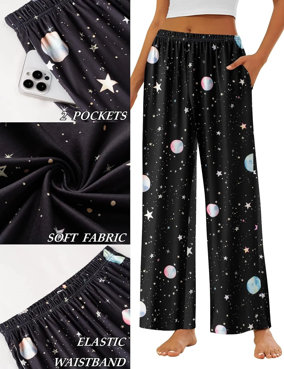 Ekouaer Pajama Pants for Women Soft Comfy Pajama Bottoms Casual Stretch Wide Leg Pants with Pockets