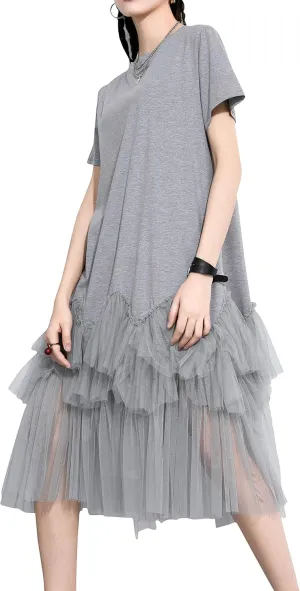ellazhu Women's Casual Short Sleeve Crew Neck Tutu Tulle Dress with an Oversized Fit GY2266