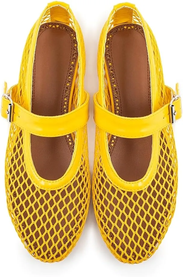 Fandimeier Mesh Ballet Flats for Women Fishnet Comfy Buckle Strap Ballerina Dressy Daily Flat Shoes