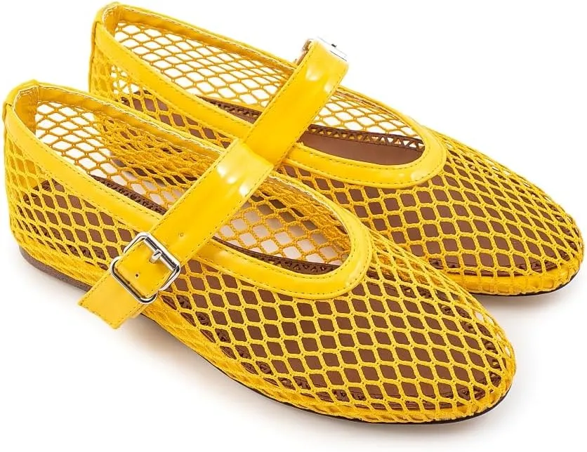 Fandimeier Mesh Ballet Flats for Women Fishnet Comfy Buckle Strap Ballerina Dressy Daily Flat Shoes
