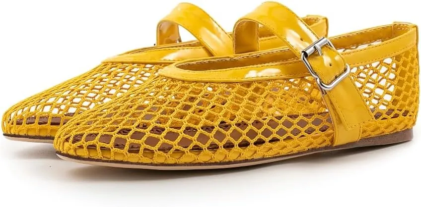 Fandimeier Mesh Ballet Flats for Women Fishnet Comfy Buckle Strap Ballerina Dressy Daily Flat Shoes